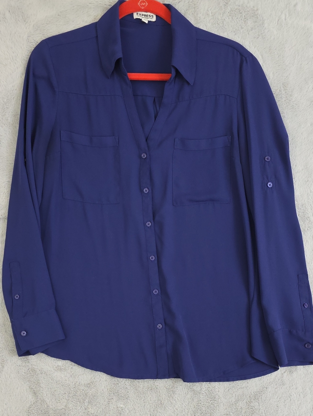 Express Portofino Shirt Women's Medium Blue Button Front Blouse Roll Tab Sleeve